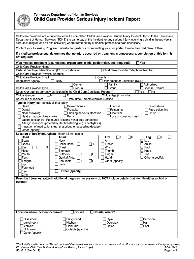 Child Care Provider Serious Injury Incident Report TN Gov  Form
