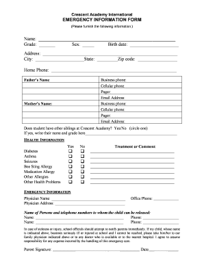 EMERGENCY INFORMATION FORM Name Crescent Academy