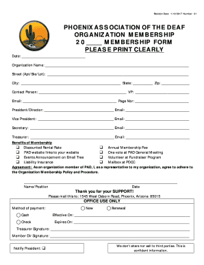 Phoenix Association of the Deaf Organization Membership 20  Form