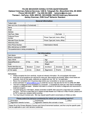 Feline Questionnaire  Form