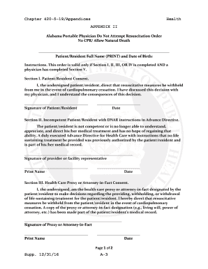  Alabama Portable Physician Do Not Attempt Resuscitation DNAR 2016-2024