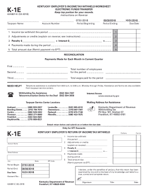 K 1E Kentucky Employer&#039;s Income Tax Withheld Worksheet  Form