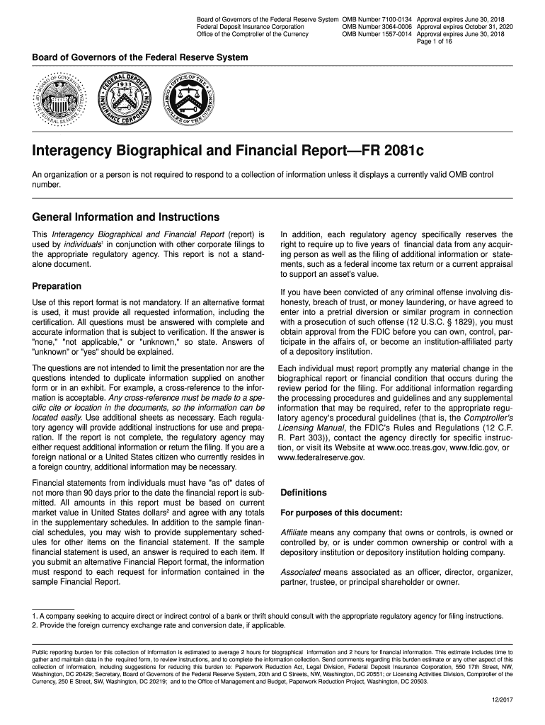  Interagency Biographical and Financial ReportFR 2081c  Federal 2017