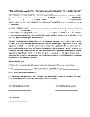 Football Agent Mandate Sample  Form