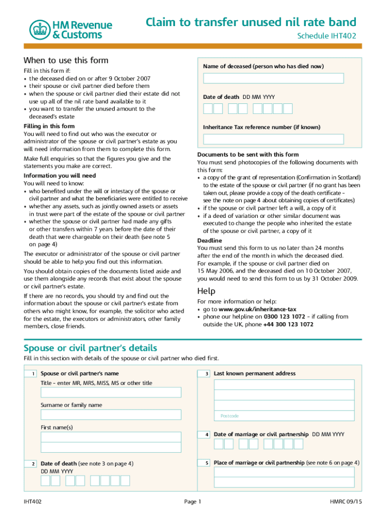  IHT402 Claim to Transfer Unused Nil Band Rate Form to Capture Client Information Relating to Unused Nil Rate Band 2015-2024