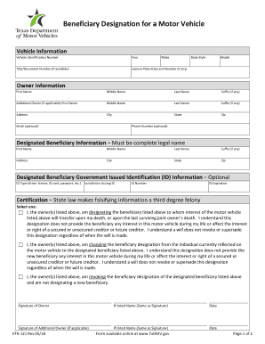 Beneficiary Designation for a Motor Vehicle  Form