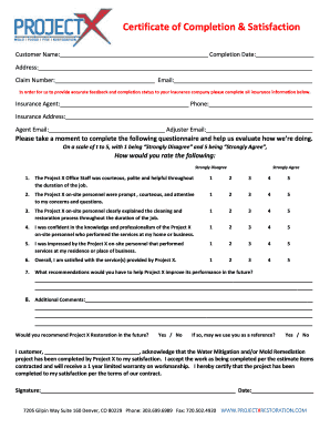 Certificate of Completion &amp; Satisfaction  Form