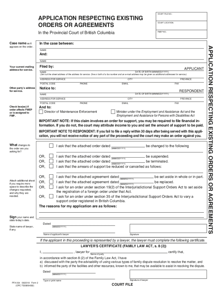  Application Respecting Exisiting Orders or Agreements Pfa004 Pdf, PCFR Form 2 2018-2024