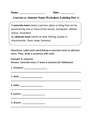Concrete and Abstract Nouns Worksheet with Answers PDF  Form