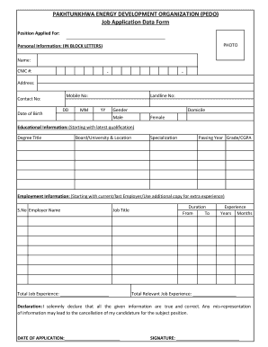 Job Application Data Form PAKHTUNKHWA ENERGY Pedo