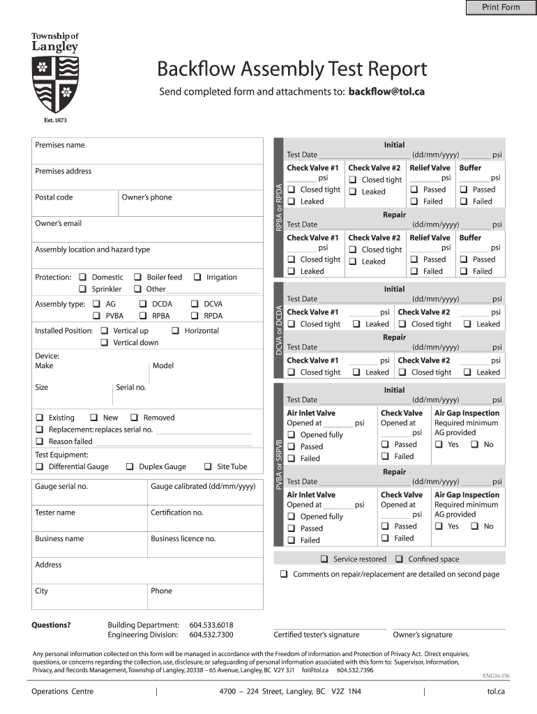 Backflow Assembly Test Report Township of Langley  Form