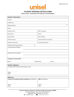 Student Personal Information Form