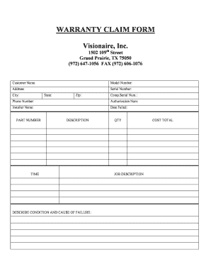 Warranty Claim Form Visionaire Inc