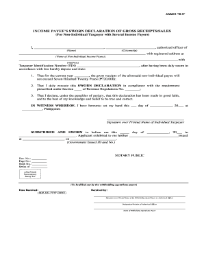 Income Payee&#039;s Sworn Declaration of Gross Receipts Sales  Form