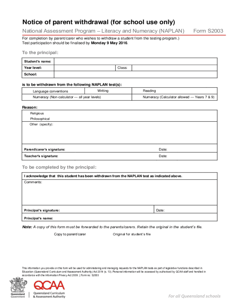 Notice of Parent Withdrawal for School Use Only  Form