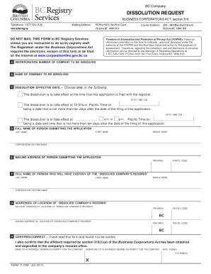 B C Company Dissolution Package Use This Package to Dissolve a B C Limited Company under Section 316 of the Business Corporation  Form