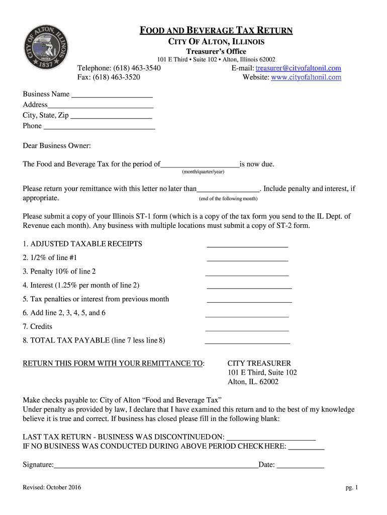 Get and Sign Food and Beverage Tax Return  City of Alton 2016-2022 Form