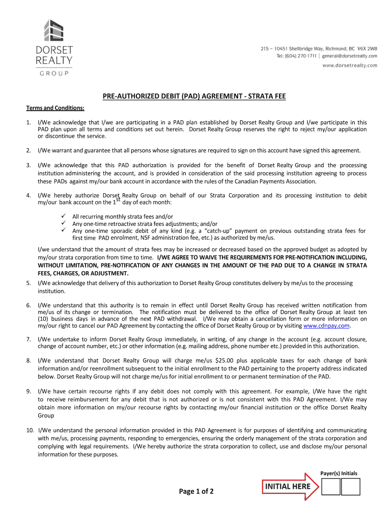  PRE AUTHORIZED DEBIT PAD AGREEMENT STRATA FEE 2014-2024