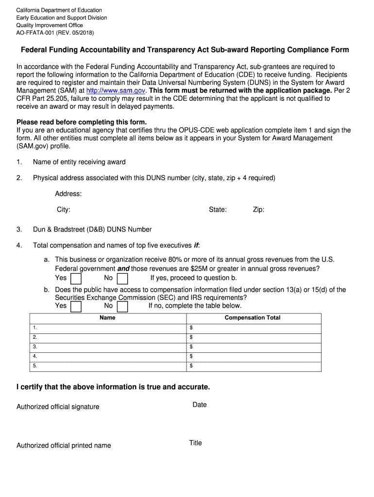 Ffata Subrecipient Reporting Form