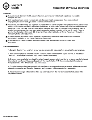 Recognition of Previous Experience Covenant Health Recognizes Previous Experience for the Purposes of Determining Employees Sala  Form