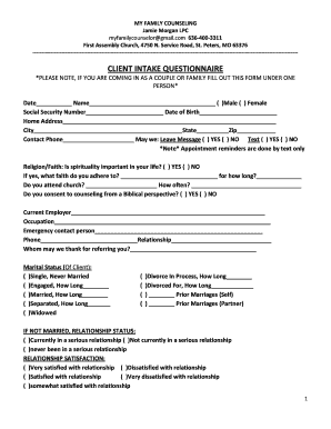 Client Intake Questionnaire Family Counseling  Form