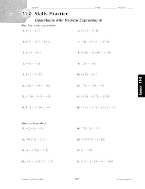 Operations with Radicals Worksheet  Form