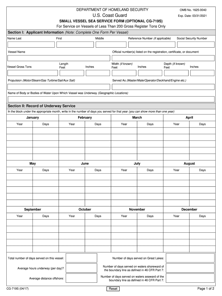  Small Vessel Sea Service Form 2017-2024