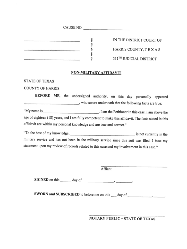 TX District Courts of Harris County Non Military Affidavit  Form