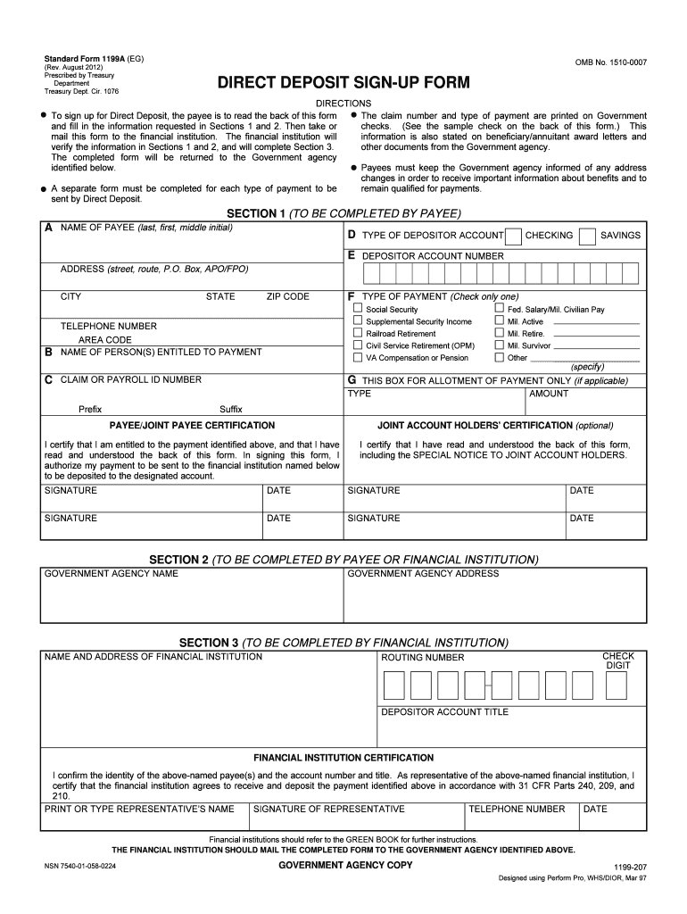 Standard Form 1199A, Direct Deposit Sign Up Form