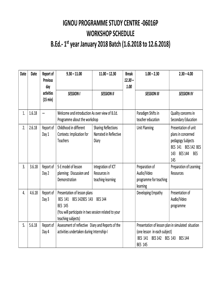 Ignou B Ed 1st Year Workshop  Form