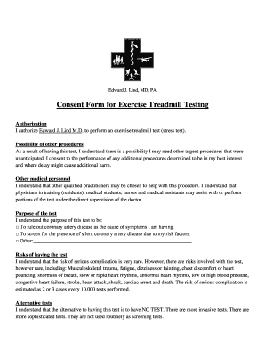 Consent Form for Exercise Treadmill Testing Edward J Lind, MD