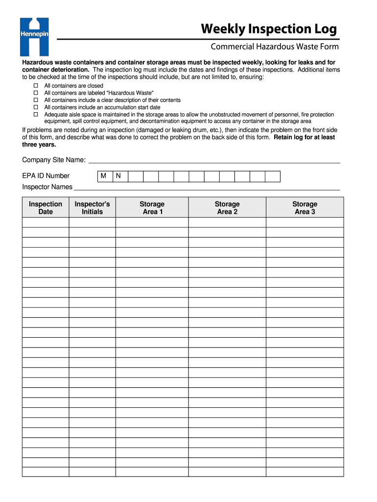 Hazardous Waste Weekly Inspection Log Washington County  Form