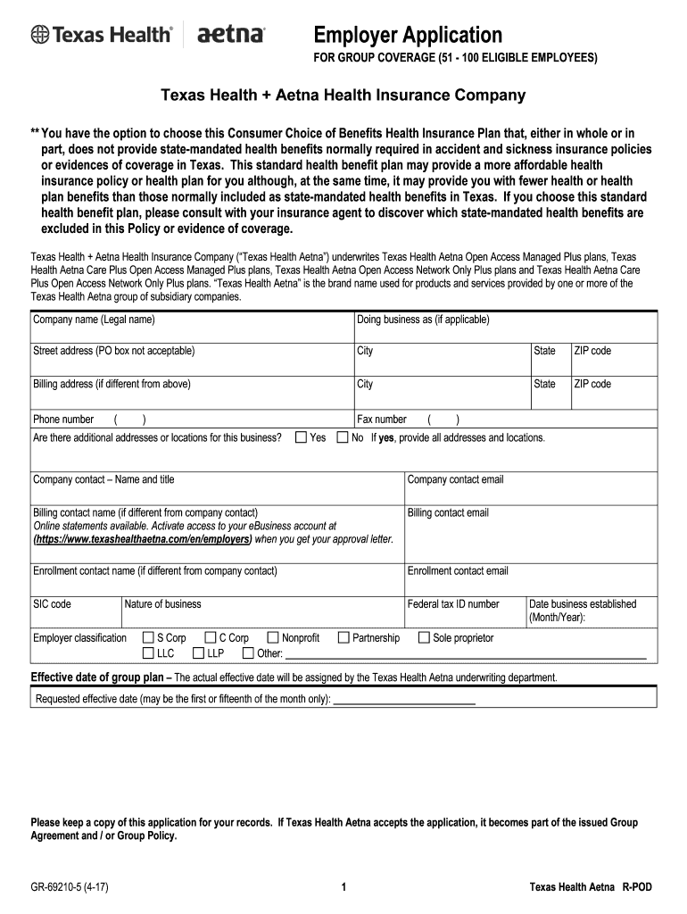 Texas Health Aetna Employer Application 51 100 Employees Aetna Texas Health Aetna Employer Application 51 100 Employees  Form