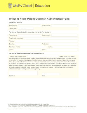 Under 18 Years ParentGuardian Authorisation Form UNSW Global