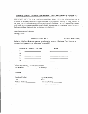 Parental Consent Letter for Pakistan Visa Application  Form