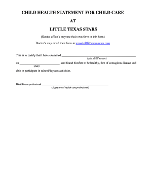 Health Statement for Daycare  Form