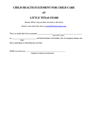 Health Statement for Daycare Form
