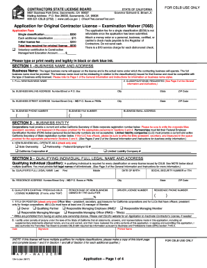 Application for Original Contractor License Examination Waiver 7065  Form