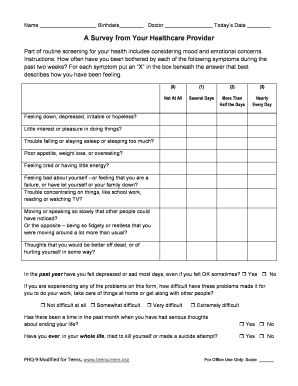 Phq 9 Form PDF Printable for Teens