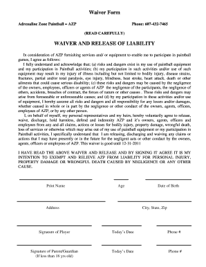 Adrenaline Waiver Form