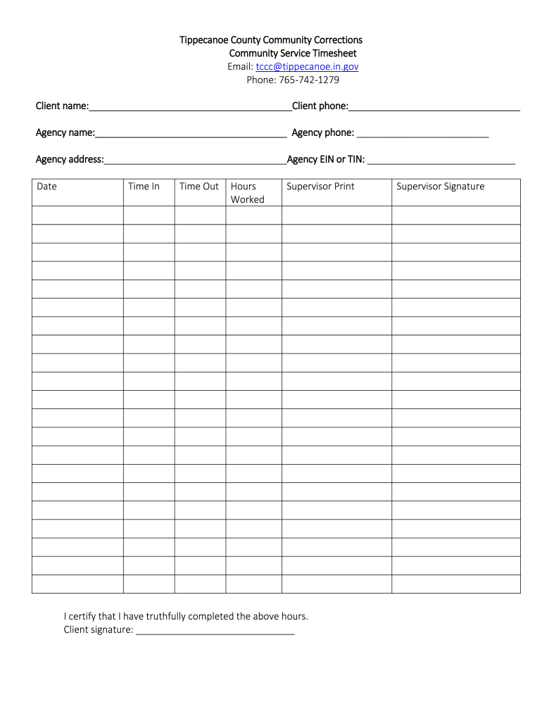 Tippecanoe County Corrections Community Service  Form