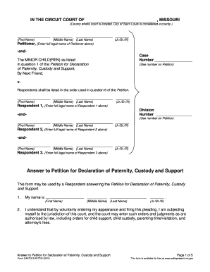 Answer to Petition for Declaration of Paternity, Custody and Support CAFC315 R Form