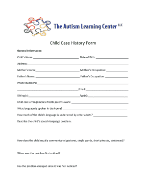 Case History Form the Autism Learning Center