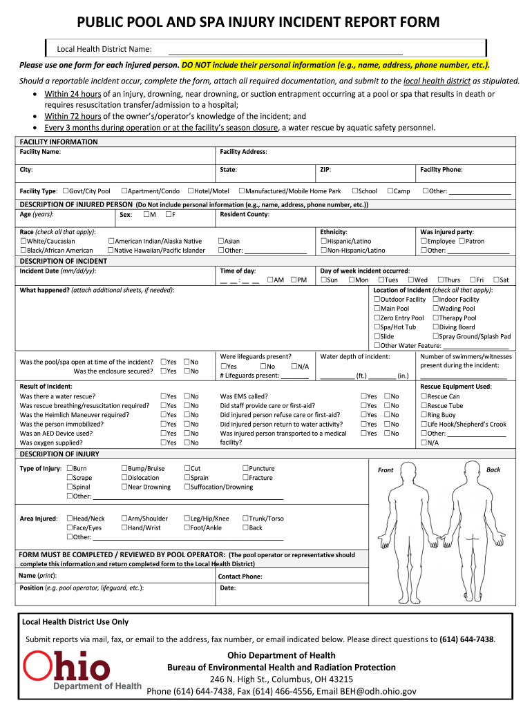 Public Pool and Spa Injury Incident Report Form Toledo Lucas