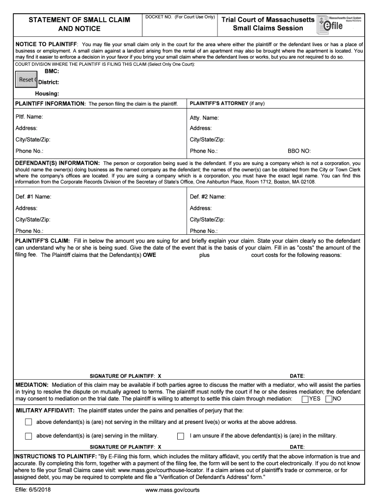  Massachusetts Small Claim 2018-2024