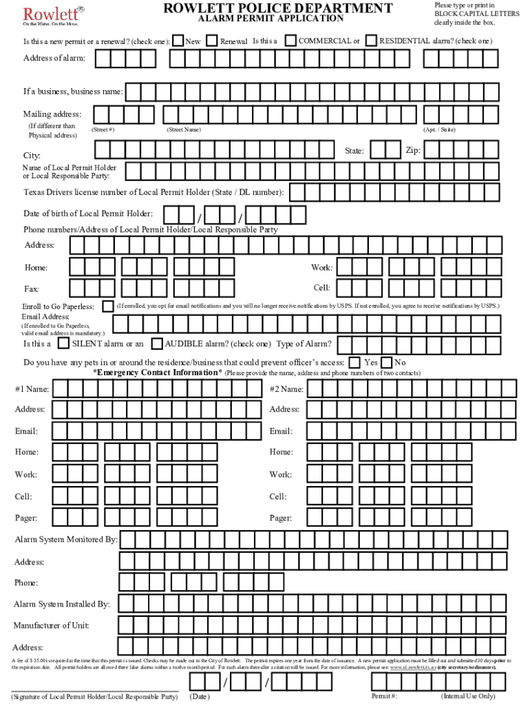  ROWLETT POLICE DEPARTMENTALARM PERMIT APPLICATION 2020-2024