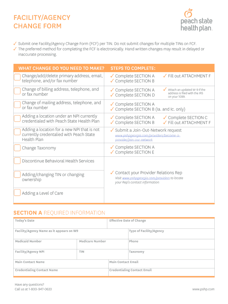 PSHP GA FacilityAgency Change Form FacilityAgency Change Form