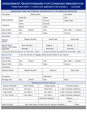 Assessment Questionnaire for Canadian Immigration Chalo Canada  Form