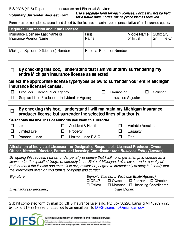  Voluntary Surrender Request Form FIS 2328 2018