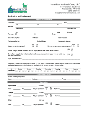 Employment Application Hamilton Animal Care  Form